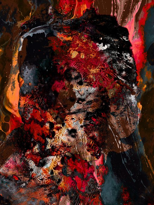 An abstract mixed-media artwork with dark, textured forms in red, black, and orange tones that suggest distorted facial features or figures, with glossy paint drips.