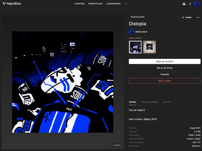 A SuperRare NFT marketplace page displays artwork titled 'Distopia' by deslucreuce, a 2023 digital piece by Des Lucréce, with options to start an auction, set a list price, or burn the token.