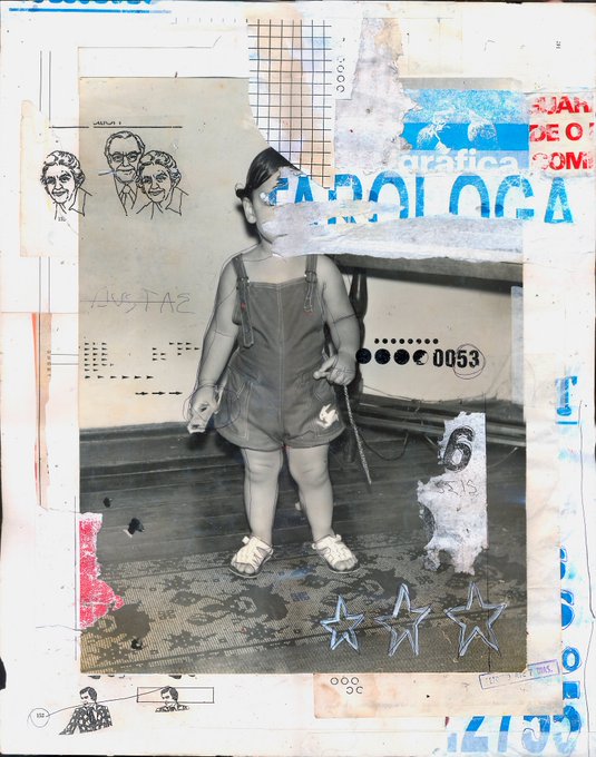 A mixed-media collage featuring a black-and-white photo of a young child in overalls, overlaid with torn paper textures, hand-drawn faces, blue text fragments, and star stickers.
