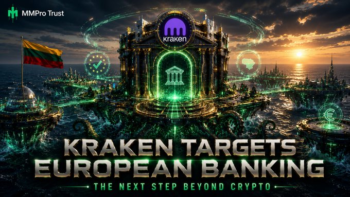 The image is a stylized digital graphic featuring the Kraken cryptocurrency exchange logo atop a glowing futuristic fortress structure, with a Lithuanian flag on the left and European banking icons, headlined with "KRAKEN TARGETS EUROPEAN BANKING - THE NEXT STEP BEYOND CRYPTO." The accompanying MMPro Trust branding and post about Kraken seeking a banking license in Lithuania align with the image's theme of the crypto exchange's expansion into European banking.