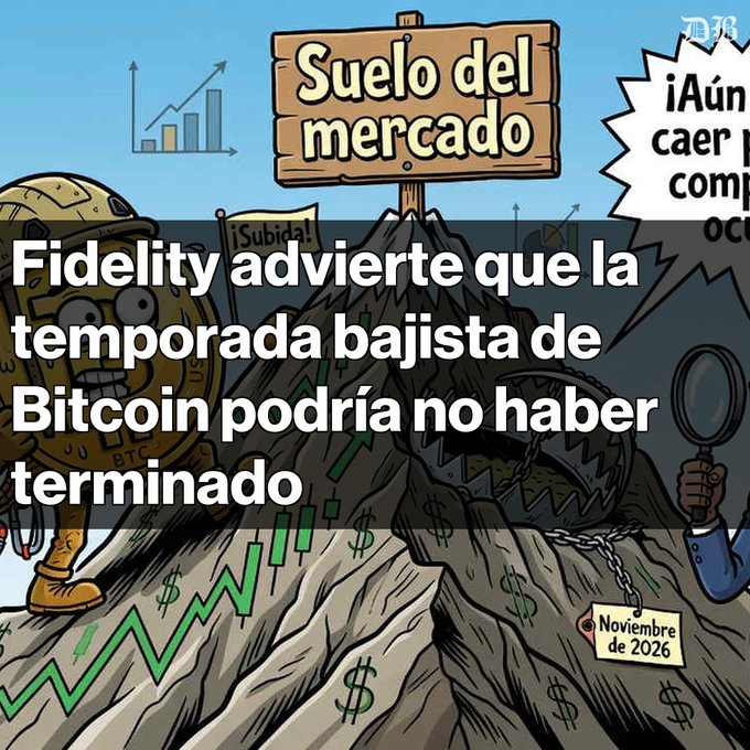 A cartoon graphic with a Bitcoin character on a mountain, overlaid with Spanish text 'Fidelity advierte que la temporada bajista de Bitcoin podría no haber terminado' (Fidelity warns Bitcoin's bear season may not be over).