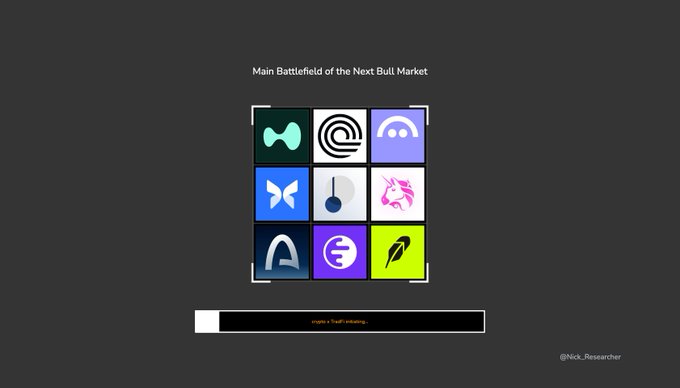 A dark-themed graphic titled "Main Battlefield of the Next Bull Market" displays a 3x3 grid of cryptocurrency logo icons (including Sushi, Etherscan, Sui, Ethena, Uniswap, Helium, Aave, Frax, and Render), with a "Crypto x TradFi Colliding" caption box below, illustrating the convergence of decentralized and traditional finance as described in the post.