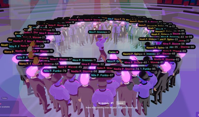 A digital rendering of an event or dance floor where numerous avatar figures are labeled with names like 'Nils P. Funke', 'Nadia P. Storme', and 'Nina P. Blaze' with associated numbers, with a UI showing 'In queue - 61', 'Leave', and a rule about max group size of 5.