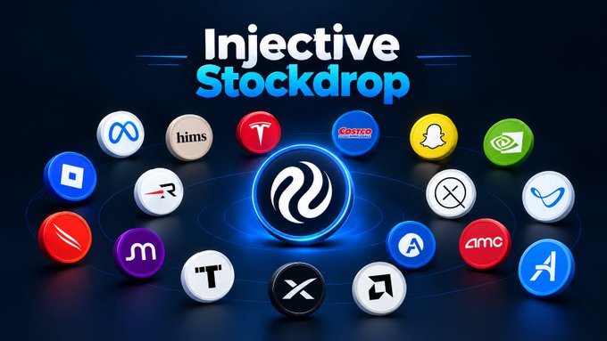 A promotional graphic titled 'Injective Stockdrop' featuring the Injective logo surrounded by circular icons of partnered companies including Meta, Costco, Snapchat, Tesla, AMC, and others.
