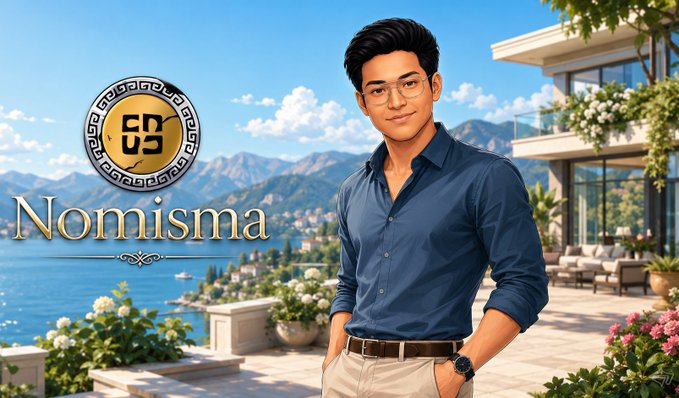 Illustration of a man in a blue shirt and glasses standing on a Mediterranean-style terrace with a Nomisma logo overlay, featuring a coastal landscape with mountains in the background.
