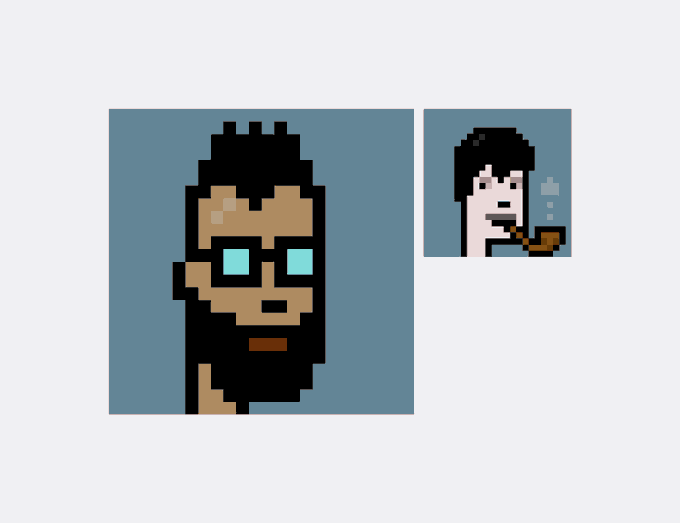 A pixel art portrait of a man with black hair, a beard, and cyan glasses on a blue background, shown in two panels.