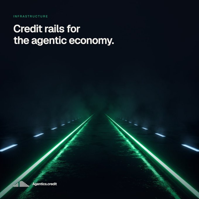 A dark, atmospheric graphic with green neon-lit train tracks converging into fog, with text 'INFRASTRUCTURE: Credit rails for the agentic economy' and the 'Agentics.credit' logo.