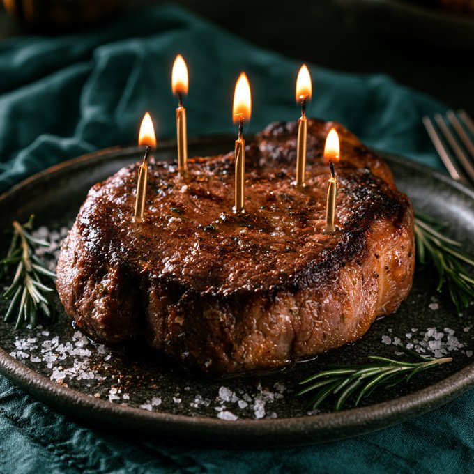 A thick grilled steak with six lit birthday candles inserted into it sits on a dark plate garnished with rosemary sprigs and coarse salt.