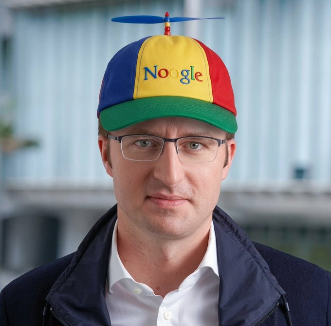 A man wearing glasses and a white shirt is pictured with a colorful propeller cap bearing the Google-style logo 'Noogle' on his head.
