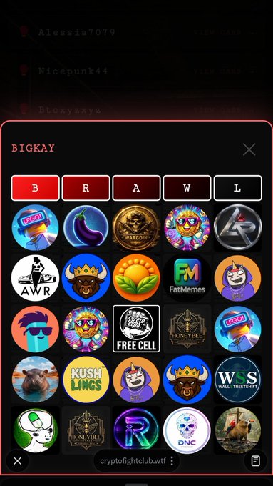 A digital meme coin (meme) collection board displaying various cryptocurrency tokens like PEPE, BONK, KUSH LINGS, and others with BRAWL category tabs.