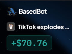 The image shows a BasedBot notification displaying a TikTok trade profit of "+$70.76," which aligns with the user's post about quickly grabbing a single trade for $70 (~1.8M VND) that morning, with anticipation of even higher volume later in the day.