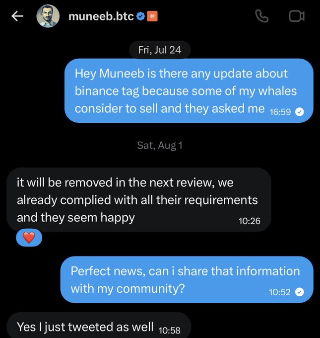 A text conversation with "muneeb.btc" dated Fri, Jul 24 to Sat, Aug 1, where Muneeb informs that the "binance tag" will be removed in the next review, supporting the post's claim that the monitor tag on STX will likely be lifted.