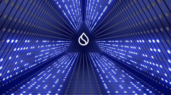 A digital tunnel of radiating blue dotted lines converges on a central dark triangle with a droplet-shaped logo at the end.
