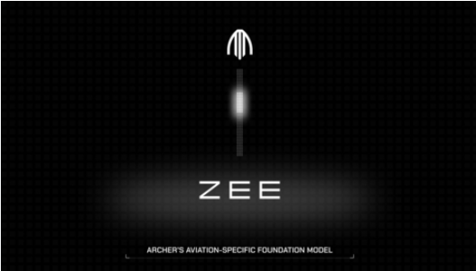 A minimalist dark digital interface displays a rocket or parachute icon with the text 'ZEE' and 'ARCHER'S AVIATION-SPECIFIC FOUNDATION MODEL' underneath.