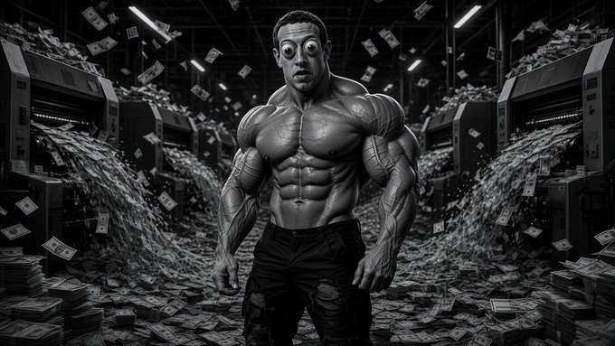 A dramatic black-and-white illustration of a muscular man with an exaggerated shocked expression, standing in a warehouse filled with money-counting machines and falling dollar bills.