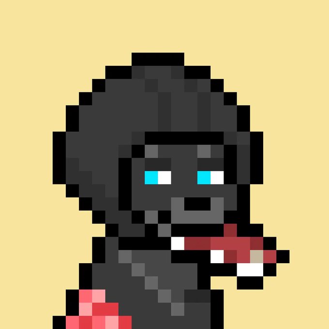 A pixel art image of a dark, hooded figure with glowing cyan eyes and red hands, set against a solid tan background.