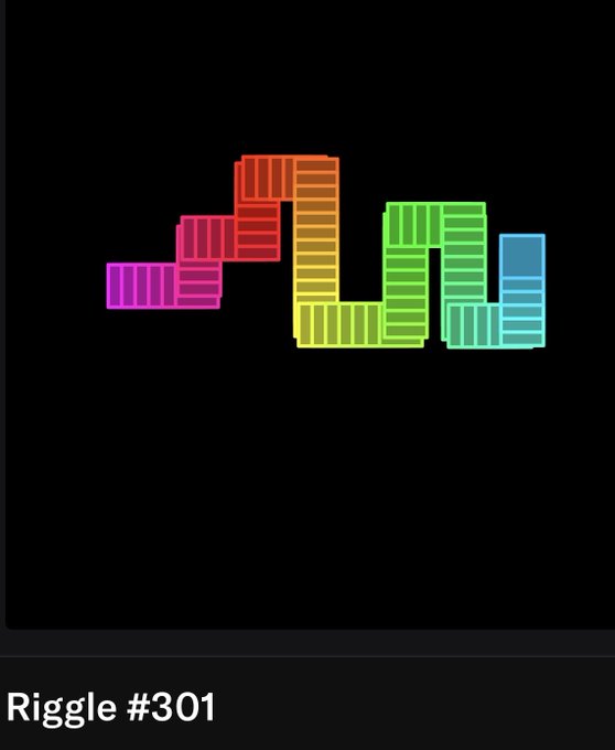 A digital graphic with the text 'Riggle #301' at the bottom, showing colorful striped blocks in pink, red, yellow, green, and blue arranged in a Tetris-like pattern on a black background.