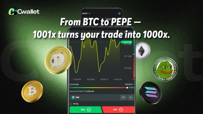 The image features a cell phone displaying a trading app with a graph of Bitcoin prices over time. The text above the graph reads "From Btc to PKE = 1001x Turns your trade into 1000x." This suggests that the app is designed for users who want to invest in Bitcoin and track its value over time, potentially using it as an investment strategy or tool for analyzing market trends.