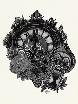 A detailed black and gray tattoo-style illustration featuring a clock face surrounded by roses, with an hourglass and intricate decorative elements.