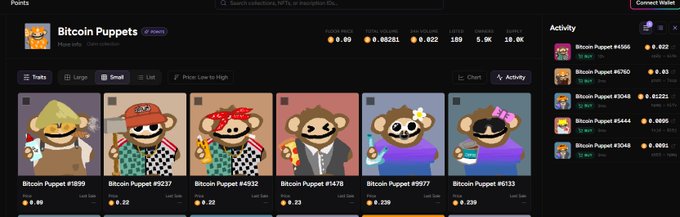 A screenshot of the 'Bitcoin Puppets' NFT collection page on a marketplace, displaying various puppet characters with prices ranging from 0.18 to 0.239 and activity on the right side.