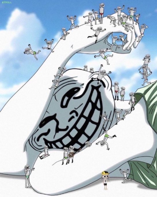 An anime-style illustration of a giant grinning character with tiny figures climbing and playing on it, with 'BTNULL' watermarked in the corner.