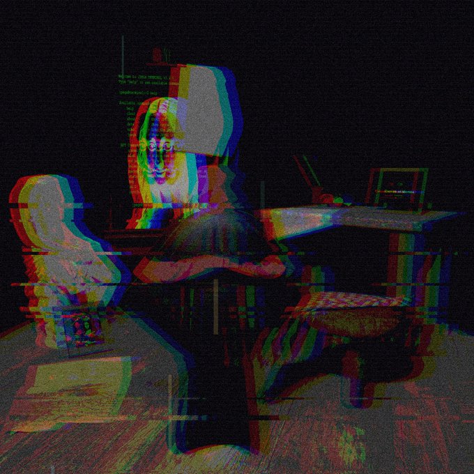 A dark, grainy image of an astronaut sitting at a desk using a computer, heavily distorted with RGB color channel splitting and chromatic glitch effects.