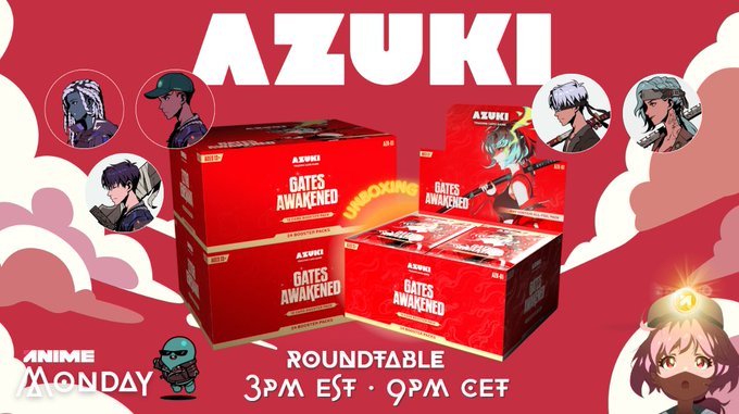 A promotional graphic for Azuki's "Gates Awakened" collection unboxing event, featuring red boxes with anime character designs and character portraits, advertising an "Anime Monday Roundtable" at 3PM EST/9PM CET. The post's mention of "ripping" and "RT" refers to the upcoming unboxing event, while the "Anime Monday" branding in the corner ties directly to the roundtable show being promoted.