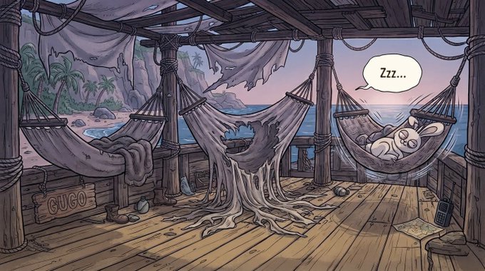A comic-style illustration of a wooden beach hut with three hammocks overlooking the ocean at sunset, where a sleeping lemur in the right hammock emits a 'Zzz...' speech bubble, while the center hammock appears empty and tattered.
