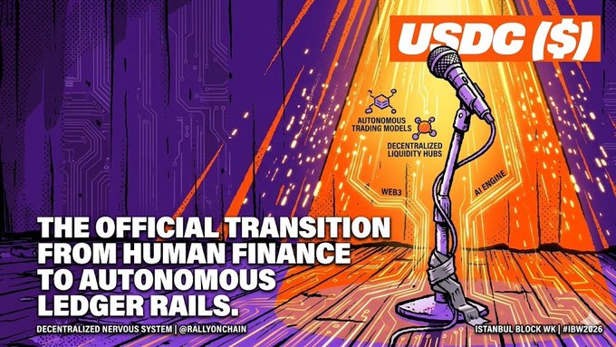 The image features a microphone with an orange light behind it, which appears to be emitting a bright glow. The background of the image is purple, and there are text elements that read "USDC" and "Autonomous Trading Models". The image also includes a caption that reads "I have been connecting autonomous trading models to decentralized liquidity hubs for permissionless execution if artificial intelligence is the engine of the new economy then web3 is the native fuel keeping it sovereign @RallyOnChain functions as the decentralized nervous system".
