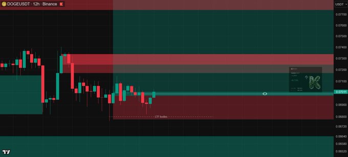 A 12-hour Binance candlestick chart of DOGE/USDT shows the price trading near 0.06950 within a red supply zone, with a "LTP 06/06" annotation marking recent price action amid broader bearish momentum.