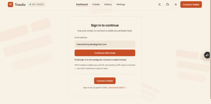Sign-in screen for the Troncho dashboard on the Arc Testnet, showing an email field pre-filled with 'macanthonyke@gmail.com' and a 'Connect Wallet' button.