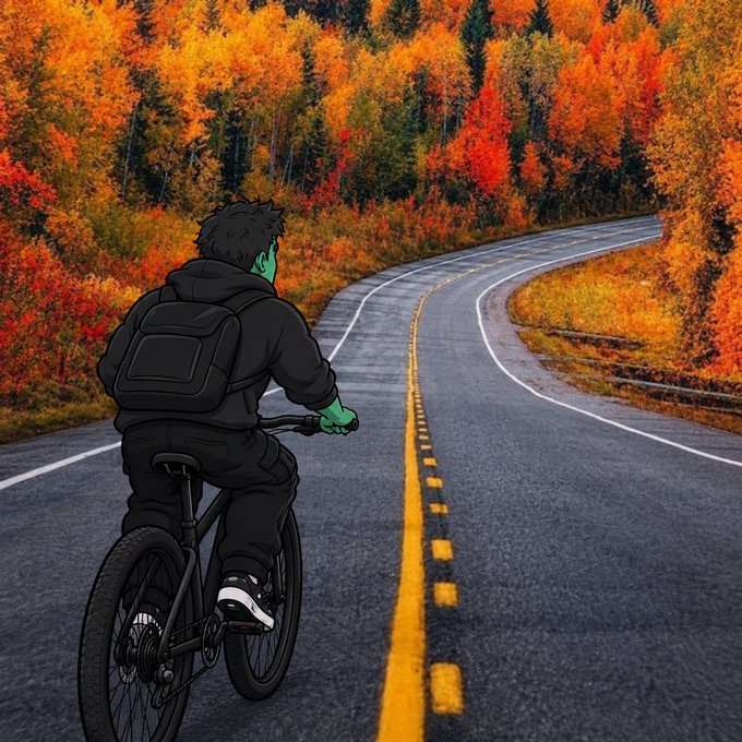A lone cyclist wearing a black hooded outfit and backpack rides down an empty road surrounded by vibrant autumn foliage, with his green-skinned face visible in profile. The solitary journey through the colorful, winding landscape mirrors the post's theme of perseverance and solo adventure toward success, reflecting the bold, forward-moving spirit highlighted by the $INJ mention.

Key details: The cyclist has green skin (suggesting a stylized or character-based figure), rides a black bicycle, and travels along a curved road marked with yellow center lines cutting through fiery red, orange, and yellow fall trees.