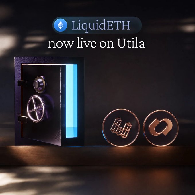 A dark, dramatic scene features an open safe with a glowing blue interior next to two circular metallic tokens, accompanied by the text "LiquidETH now live on Uila" at the top, visually reinforcing the announcement that Liquid ETH has launched on the Uila platform to address idle treasury ETH.