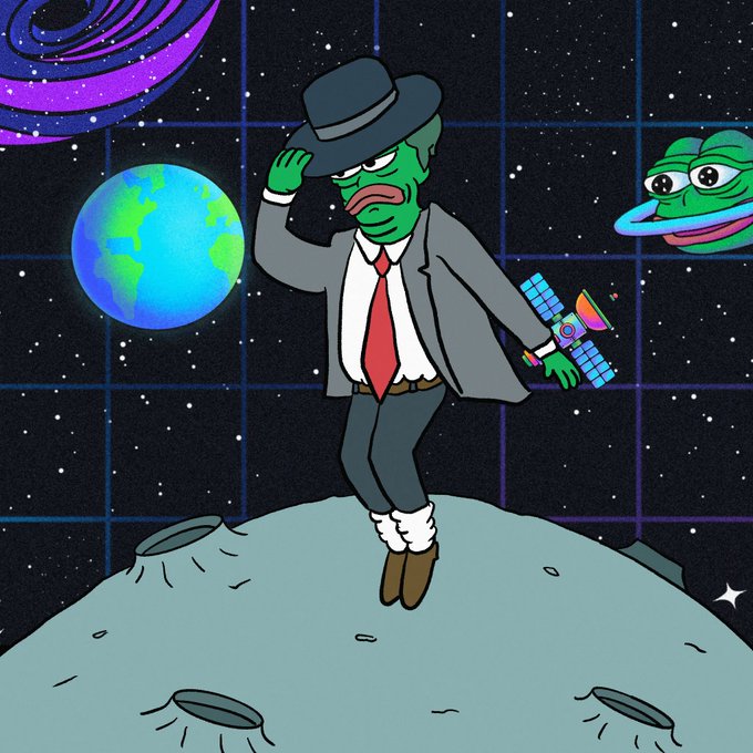 A cartoon Pepe in a suit and fedora floats above a cratered moon, holding a satellite, with Earth and a spiral galaxy in the background and another Pepe peeking in from the side—visually echoing the post's theme of effortless "moonwalking" through the Solaxy project (solaxy.io) in zero gravity.