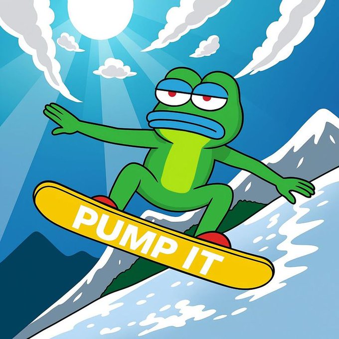 A cartoon illustration of a green Pepe the Frog character snowboarding down a mountain with the text 'PUMP IT' displayed on the yellow snowboard.