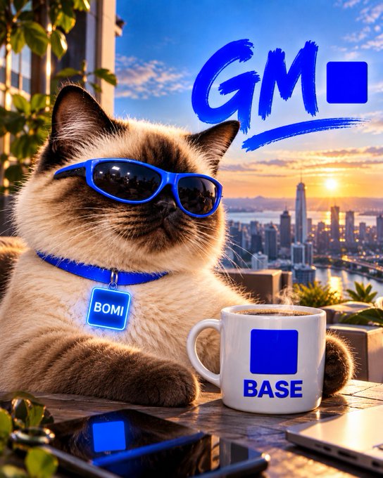 An AI-generated image of a Siamese cat wearing blue sunglasses and a 'BOMB' tag next to a 'BASE' branded coffee mug, with a 'GM' message and a city skyline at sunset in the background.