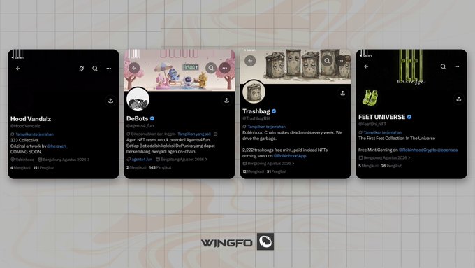 Four NFT Twitter profile cards from Hood Vandalz, DeBots, Trashbag, and Feet Universe are displayed, corresponding to the post about upcoming Robinhood NFT collections from Hood Vandalz (333 pieces), Agents4Fun protocol DeBots, Trashbag (2,222 pieces), and the Feet Universe Feet Collection, all promoted by Wingfo.