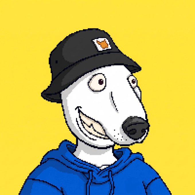 Digital cartoon illustration of a white dog or wolf character with a wide grin wearing a black cap and blue hoodie against a yellow background.