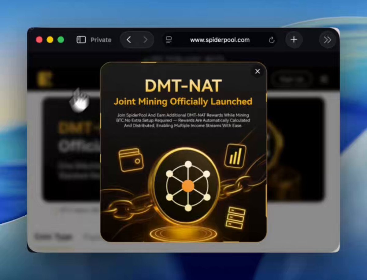 The image shows a screenshot of a computer screen displaying an advertisement for SpiderPool, which is the world's largest mining pool. The advertisement promotes a new mining platform that offers a royalty-sharing deal with a 9% share. It also mentions distributing $DMT-NAT, a currency associated with the mining pool, along with $BTC (bitcoin). The image includes several symbols and logos related to SpiderPool and its services.