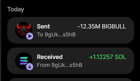 A mobile wallet activity screen shows a transaction history where 12.35M BIGBULL was sent to address 9gUk...s5hB and 1.12257 SOL was received from the same address, serving as proof of payment for the BIGBULL presale promotion offering 10M tokens plus a 10% tier bonus per SOL sent to the listed wallet address.