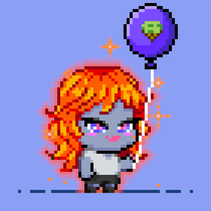 Pixel art character of a girl with red-orange hair holding a purple balloon with a green flower design, against a light blue background.