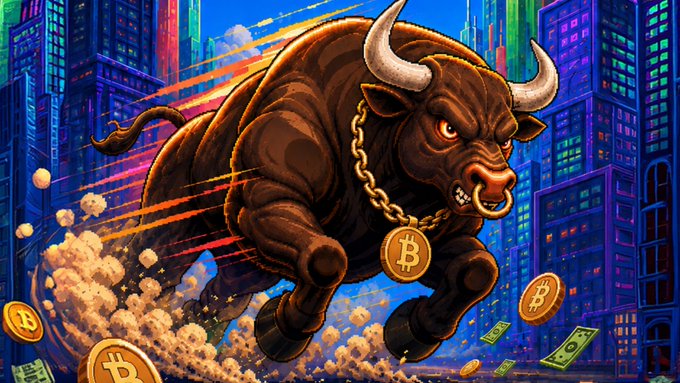 A vibrant digital artwork of a charging brown bull with a Bitcoin medallion, surrounded by floating Bitcoin coins and dollar bills against a futuristic cityscape.
