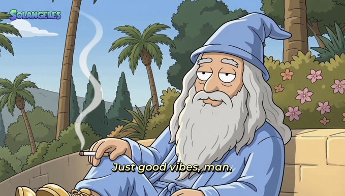 A cartoon wizard resembling Gandalf sits in a tropical garden smoking, with the caption 'Just good vibes, man.' and 'Solangeles' watermark in the corner.