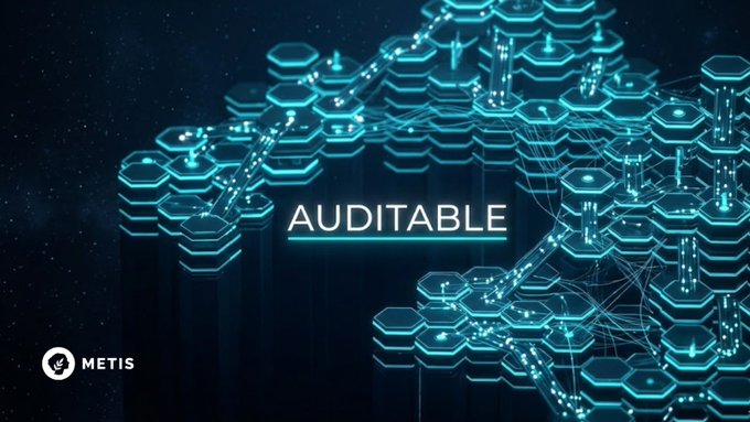 The image features a large hexagonal pattern with blue lines connecting them, creating an abstract representation of a network or web. The text "auditable" is written above this pattern, indicating that the actions performed by agents are traceable and can be audited. This concept is related to the post where it says: "Metis keeps pushing an execution layer where agent actions are traceable, settlement paths are auditable, and value distribution is rule-bound and not gatekept." The image's abstract nature and the use of blue lines to represent connections suggest a focus on transparency and traceability in the digital world.