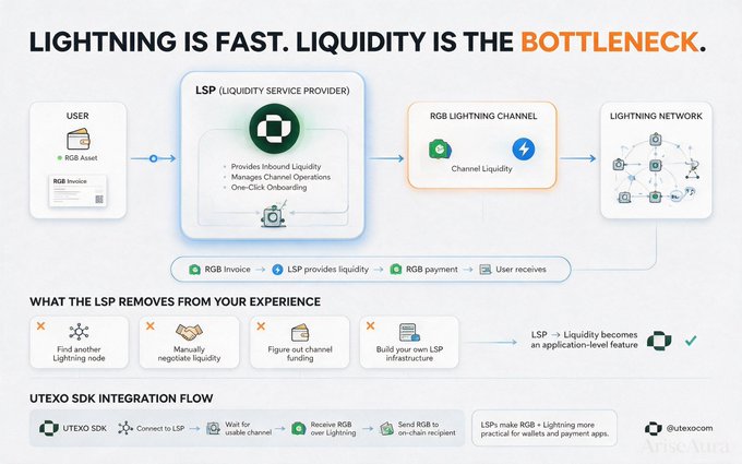 An infographic titled "LIGHTNING IS FAST. LIQUIDITY IS THE BOTTLENECK." explaining the RGB Lightning Channel and UTEXO SDK integration flow.