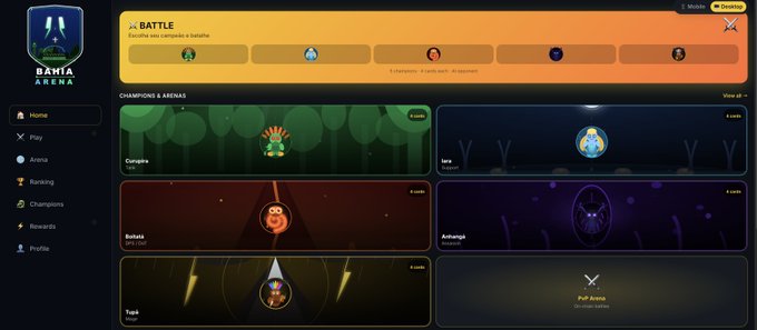 A screenshot of a website named "Bahia Arena" showing different levels with various battles, and their corresponding results are displayed along with descriptions such as "No more free demo" and "connect wallet/deposit 1 UST to enter (goes straight into Aave V3, earning yield while you play)" on the interface.
