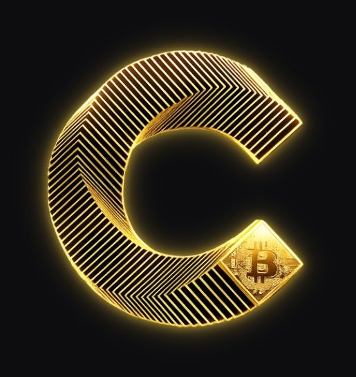 A glowing golden letter 'C' or stylized symbol on a black background, with a Bitcoin logo embedded in its lower right edge.