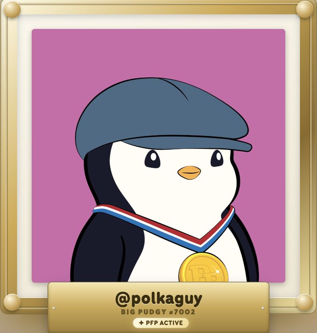 An NFT illustration of a penguin wearing a blue cap and a Bitcoin medal, labeled '@polkaguy BIG PUDGY #7002 PFP ACTIVE'.