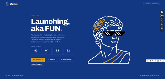 The image displays the landing page for aka.fun, a launchpad platform where the trading fee serves as the distribution mechanism. Key visible elements include the headline "Launching, aka FUN," a white-line illustration of a figure wearing pixelated sunglasses with a laurel wreath, and a countdown timer showing "01 days, 04 hours, 56 mins, 12 secs" to launch, along with buttons to join the whitelist, follow on X, and join Telegram. This visual directly supports the accompanying research report by introducing AKA (aka.fun) and its launchpad offerings on the Arc blockchain (Circle's USDC-native Layer 1).