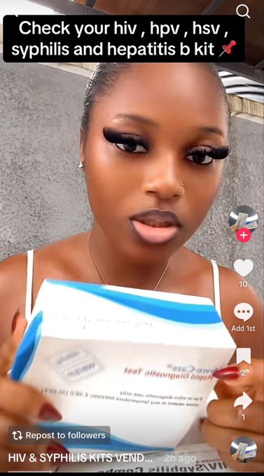 A social media video screenshot showing a woman holding a box labeled 'Rapid Diagnostic Test', with caption text 'Check your hiv, hpv, hsv, syphilis and hepatitis b kit' and 'HIV & SYPHILIS KITS VEND'.